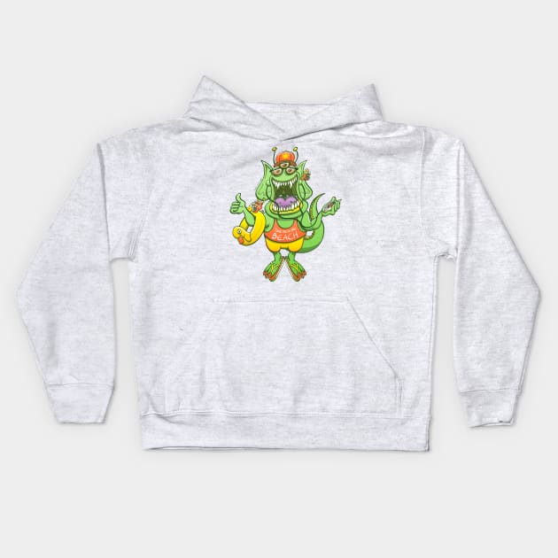 Friendly alien rising its thumb to get a ride to the beach Kids Hoodie by zooco